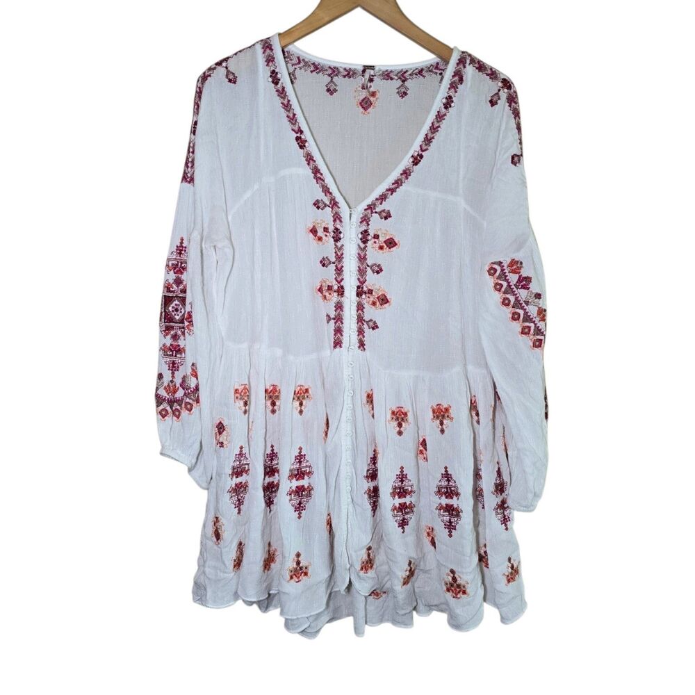 Free People Embroidered Imperial Mini Dress Tunic White Boho Peasant Size Medium